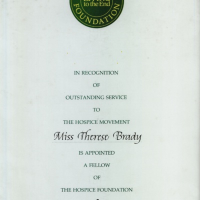 Fellowship & Certificate of outstanding achievement presented to Therese Brady 15th December 1988.jpg