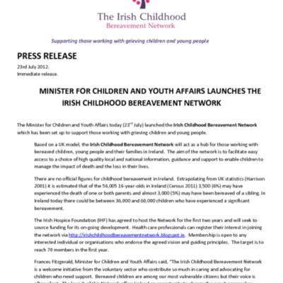 Minister for Children and Youth Affairs launches the Irish Childhood Bereavement Network, press release